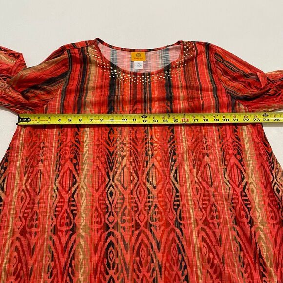 Ruby Rd Embellished Top Women’s XL Red Black Gold Metallic Print 3/4 Sleeve Tuni - Picture 5 of 7